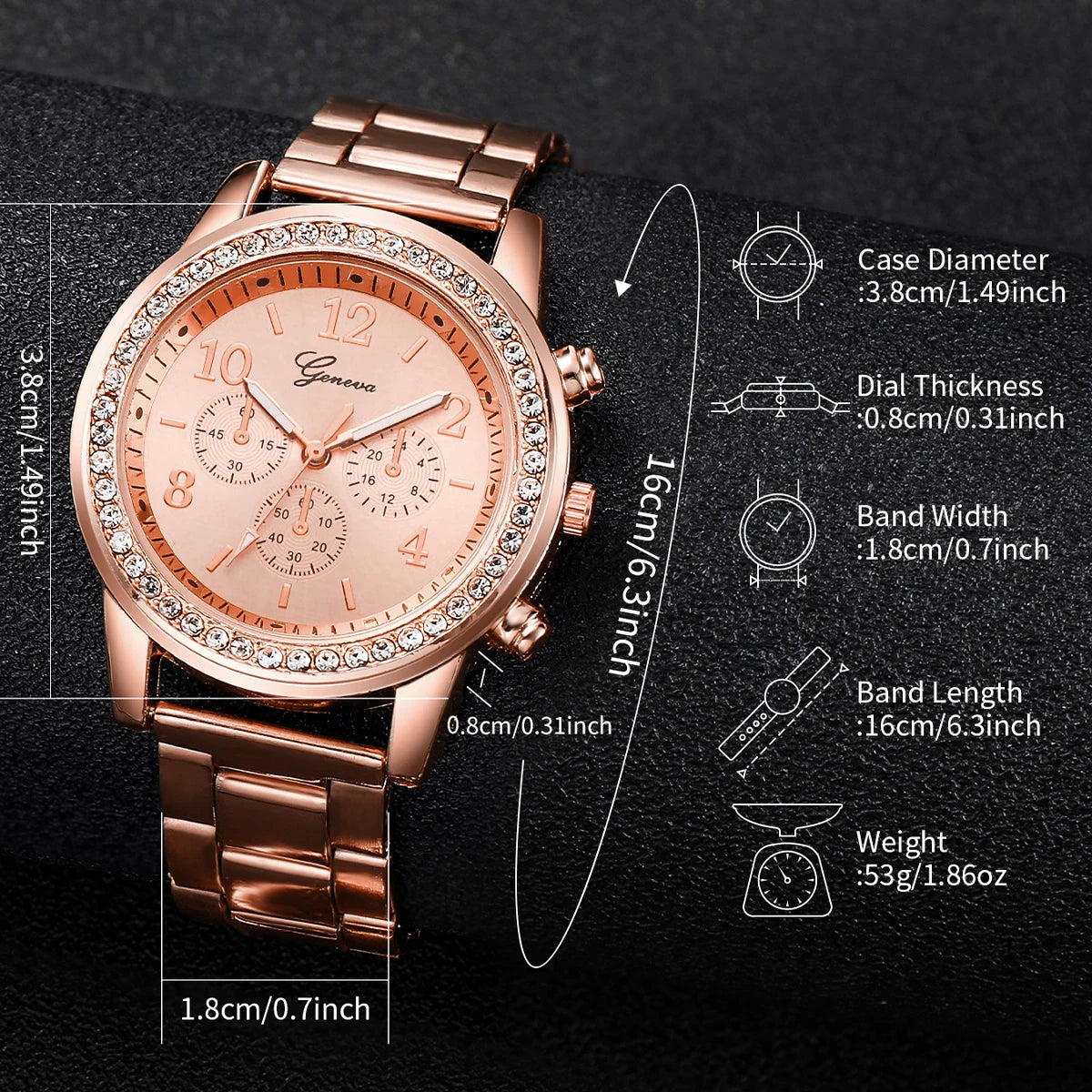 Geschenkset dames 6-delig dameshorloge, armband, ketting, oorbellen en ring (zonder doos)