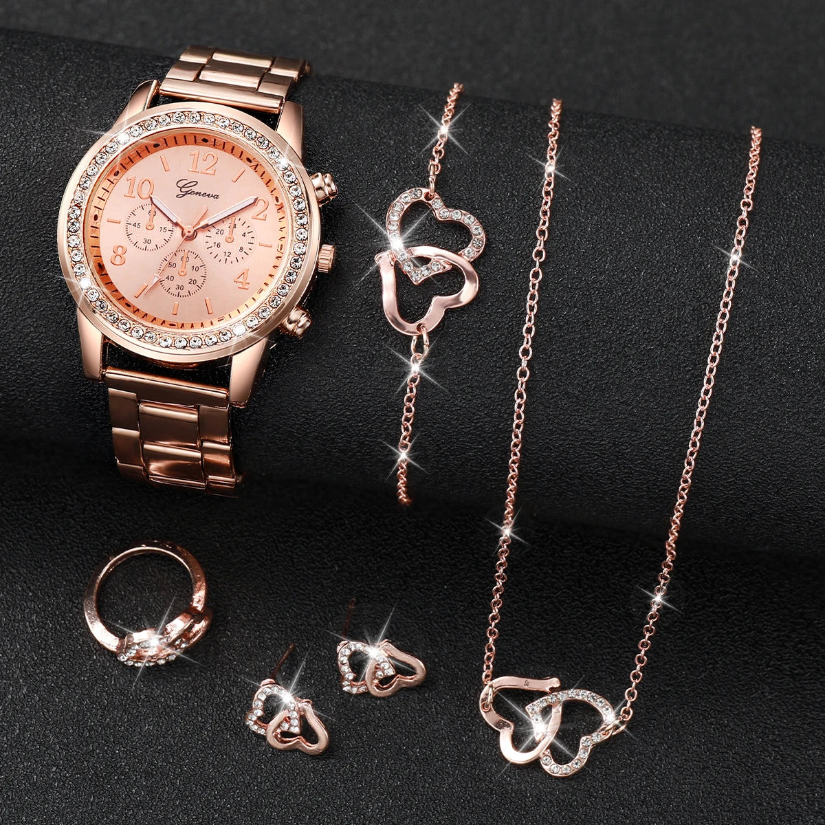 Geschenkset dames 6-delig dameshorloge, armband, ketting, oorbellen en ring (zonder doos)