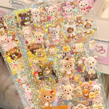 5pcs Hello Kitty Rilakkuma Cartoon Die-cutting Sticker Cute Kitty Cat Flashing Laser Stickers Anime Handbooks Material Stickers