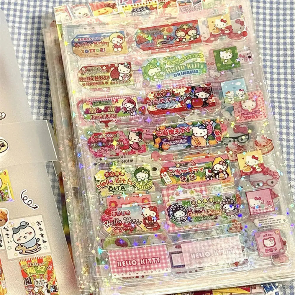 5pcs Hello Kitty Rilakkuma Cartoon Die-cutting Sticker Cute Kitty Cat Flashing Laser Stickers Anime Handbooks Material Stickers