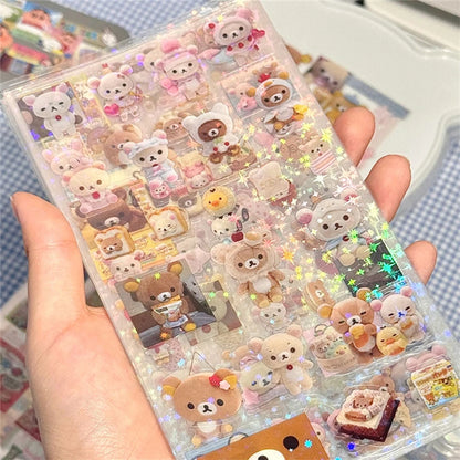 5pcs Hello Kitty Rilakkuma Cartoon Die-cutting Sticker Cute Kitty Cat Flashing Laser Stickers Anime Handbooks Material Stickers